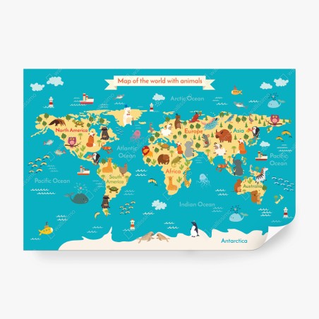 Wall mural playful world map with animals • Wallissimo®