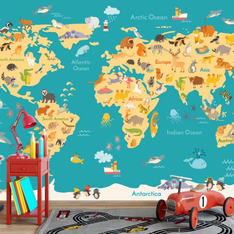 Wall mural playful animal world map