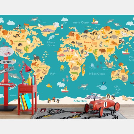 Wall mural playful animal world map • Wallissimo®