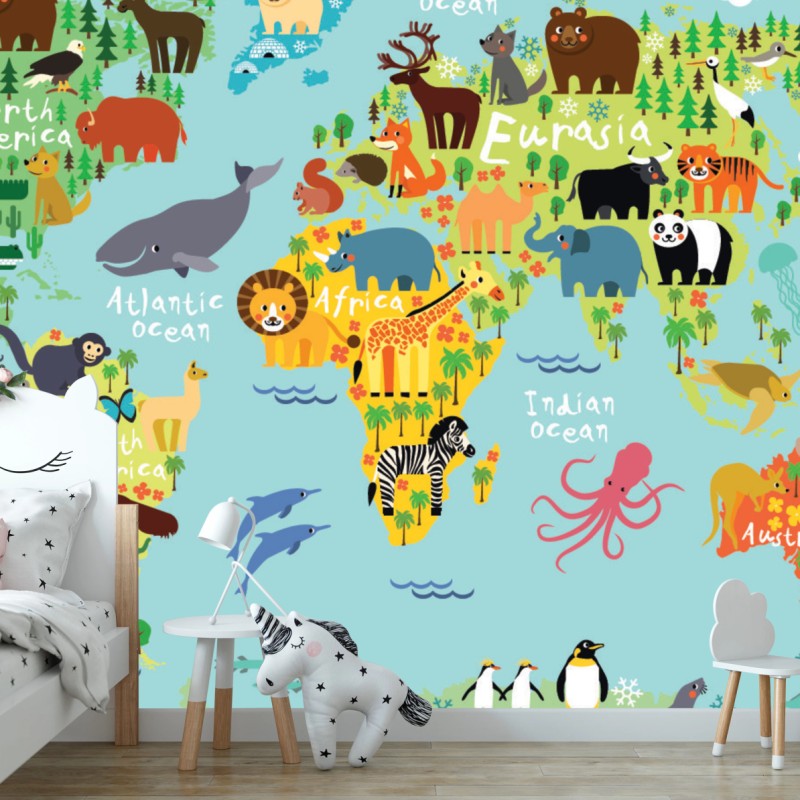 Wall mural cute world animal map