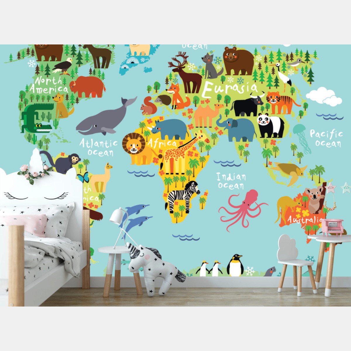 Wall mural cute world animal map • Wallissimo®