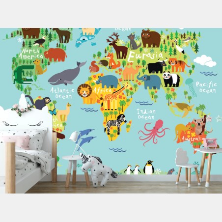 Wall mural cute world animal map • Wallissimo®