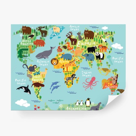 Wall mural cute world animal map • Wallissimo®