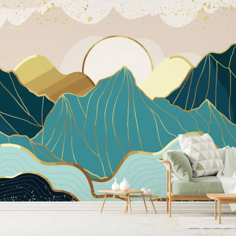 Wall mural turquoise mountain sunrise with gold accents