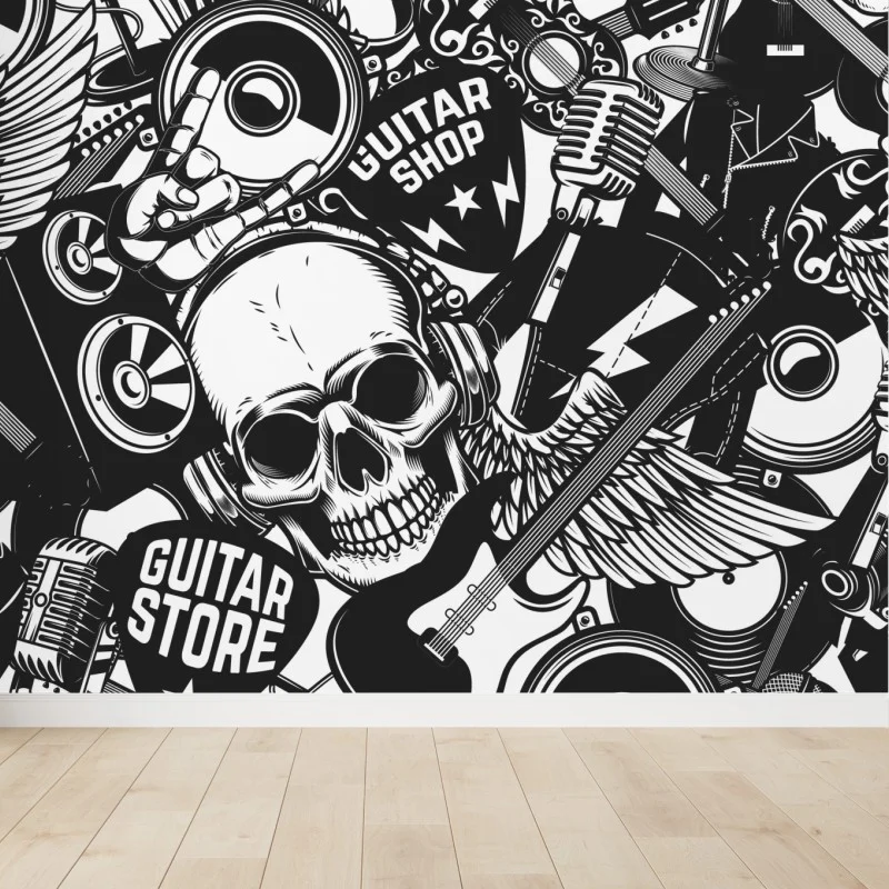 Wall mural rock and roll skull music collage