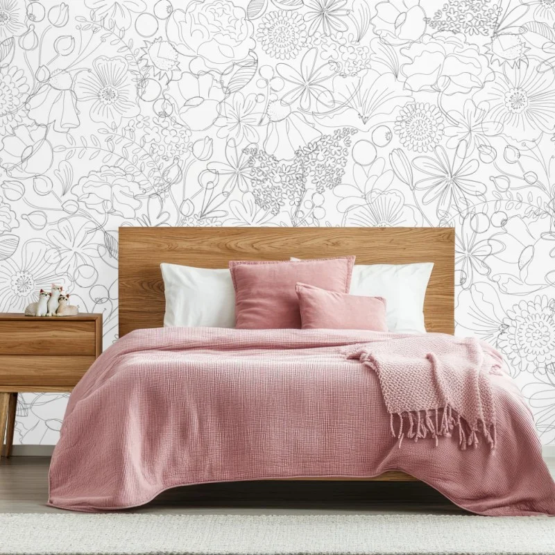 Wall mural delicate hand-drawn floral line pattern