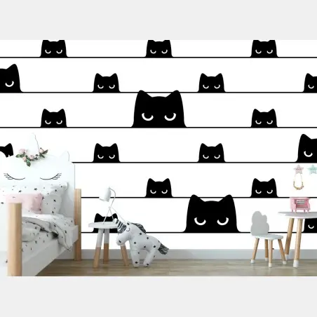 Wall mural playful peeking cats on a striped background • Wallissimo®
