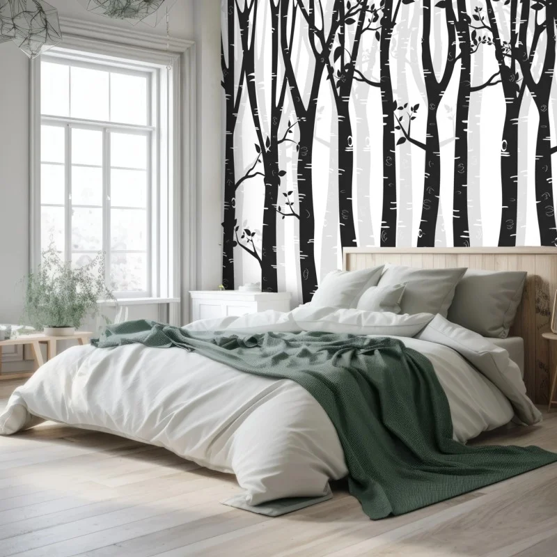 Wall mural monochrome birch forest illustration