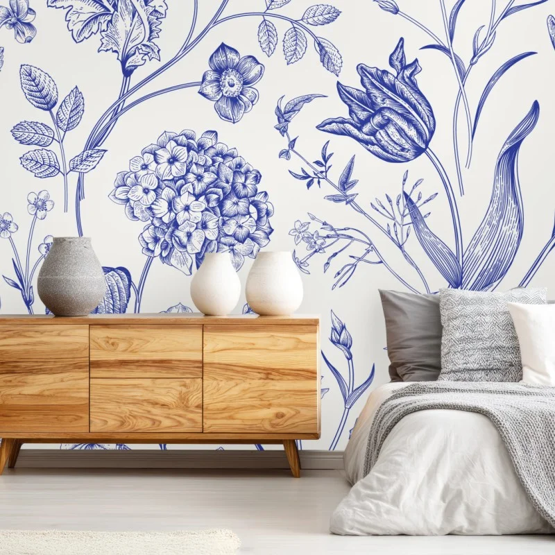 Wall mural classic blue toile floral pattern
