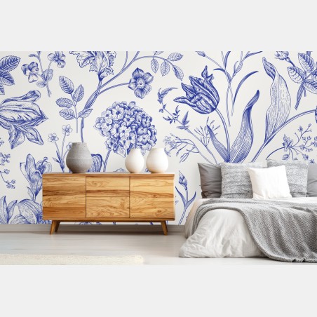 Wall mural classic blue toile floral pattern • Wallissimo®