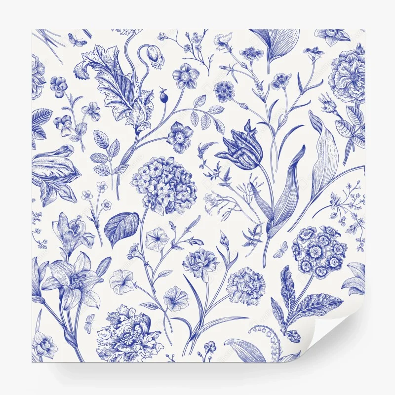 Wall mural classic blue toile floral pattern