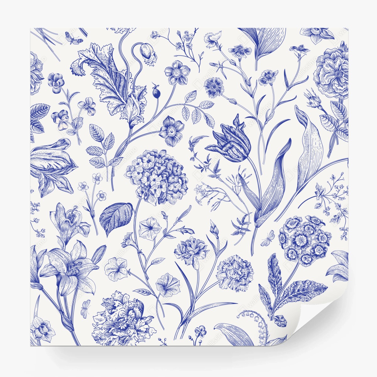 Wall mural classic blue toile floral pattern • Wallissimo®