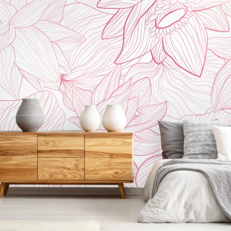 Wall mural blush pink floral line art