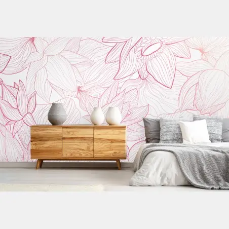 Wall mural blush pink floral line art • Wallissimo®