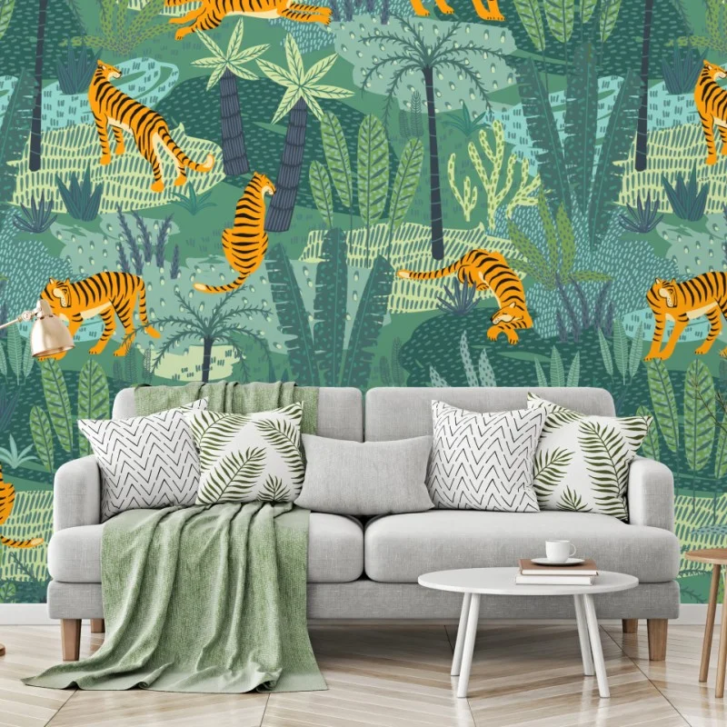 Wall mural playful jungle tigers pattern