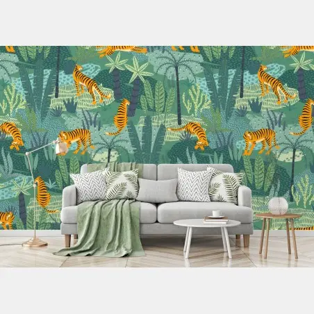 Wall mural playful jungle tigers pattern • Wallissimo®