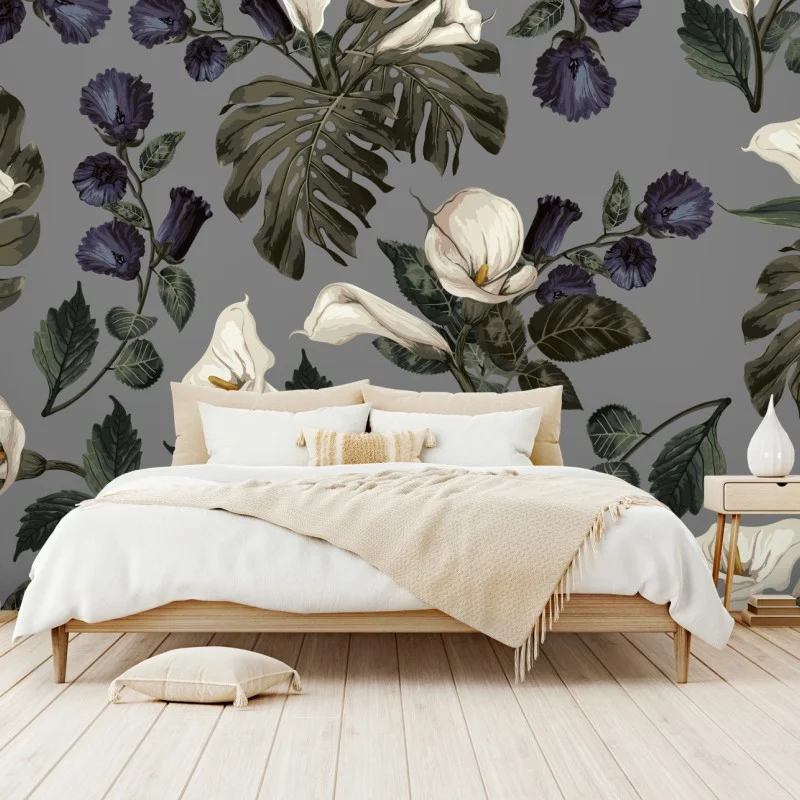 Wall mural vintage calla lily floral pattern on gray