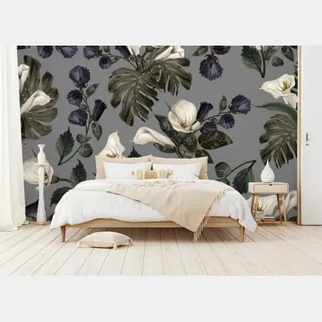 Wall mural vintage calla lily floral pattern on gray • Wallissimo®