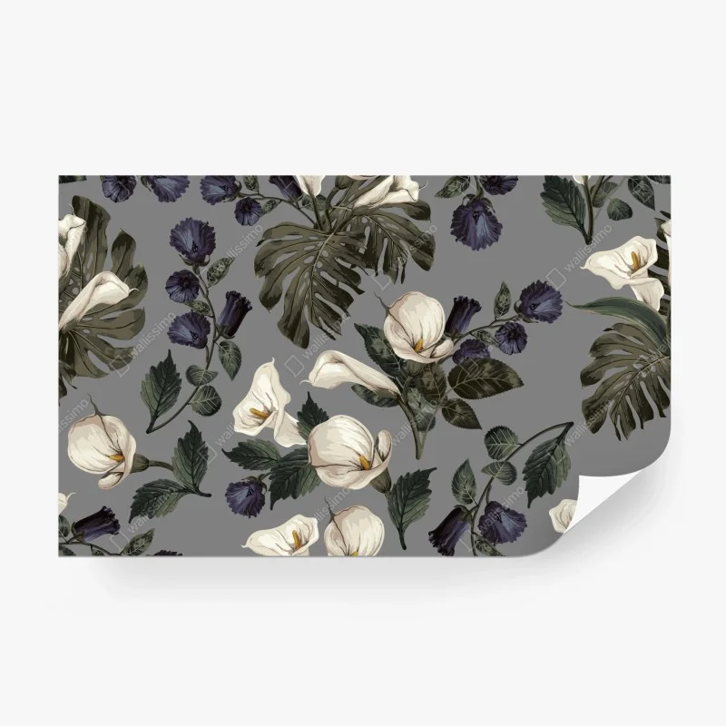 Wall mural vintage calla lily floral pattern on gray