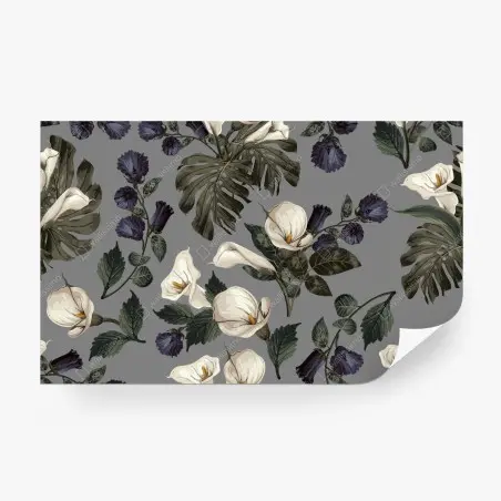 Wall mural vintage calla lily floral pattern on gray • Wallissimo®