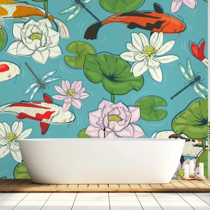 Wall mural tranquil koi pond illustration