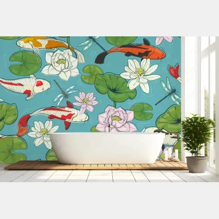 Wall mural tranquil koi pond illustration • Wallissimo®