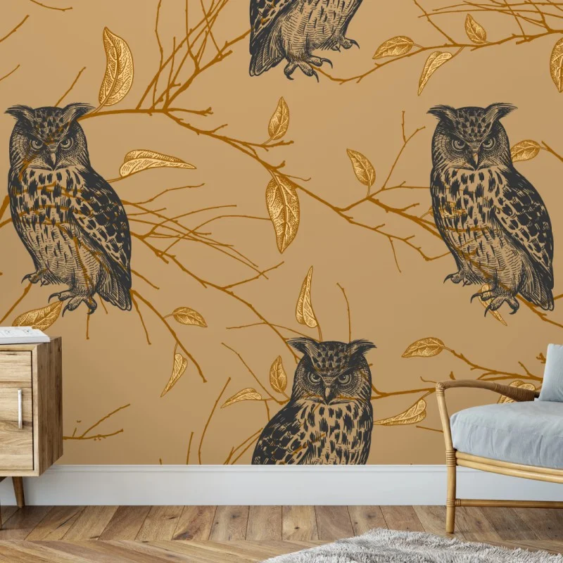 Wall mural golden owl pattern on beige background
