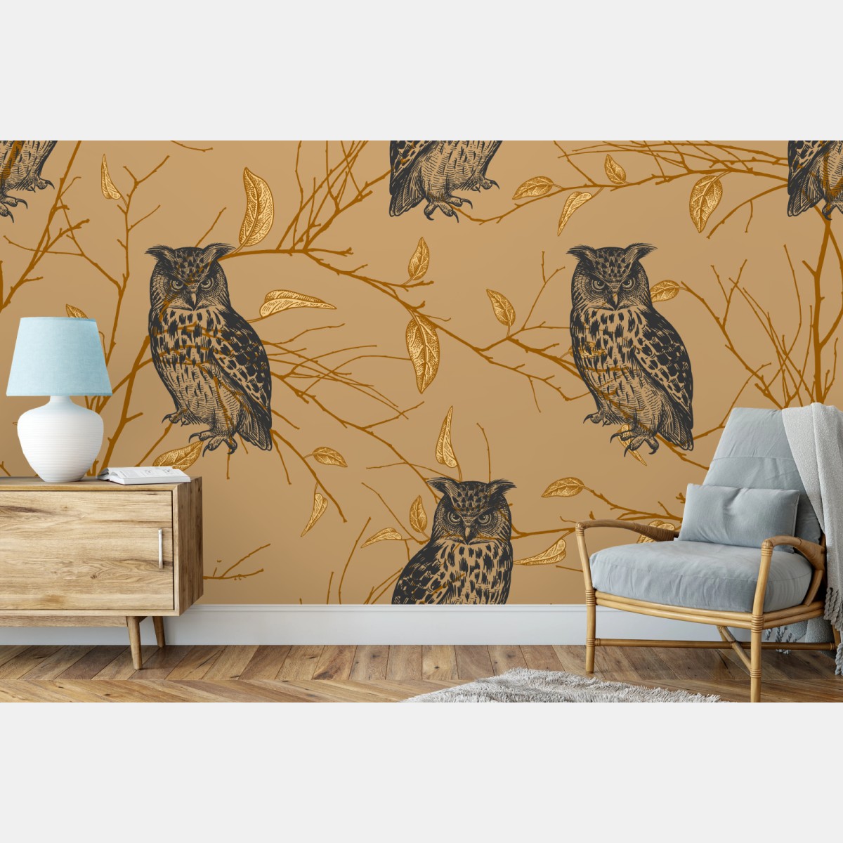 Wall mural golden owl pattern on beige background • Wallissimo®