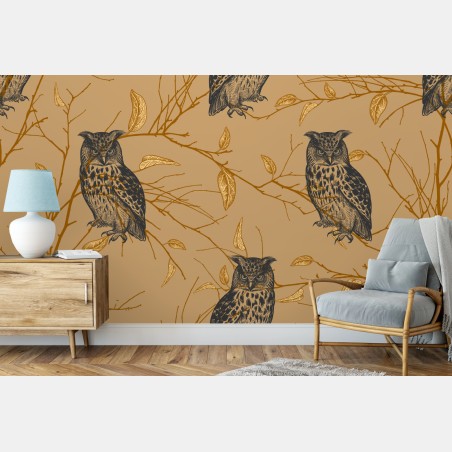 Wall mural golden owl pattern on beige background • Wallissimo®