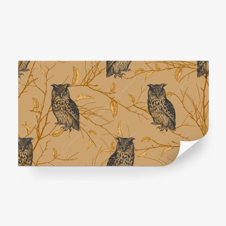 Wall mural golden owl pattern on beige background • Wallissimo®