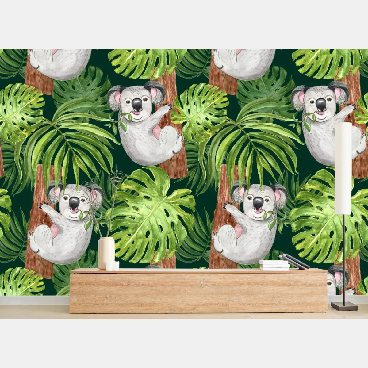 Wall mural cute watercolor koala and tropical leaves pattern • Wallissimo®