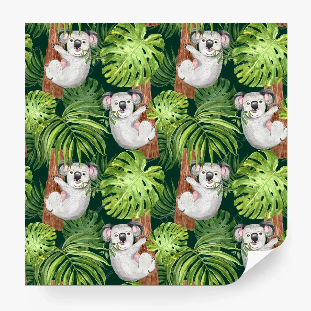 Wall mural cute watercolor koala and tropical leaves pattern • Wallissimo®