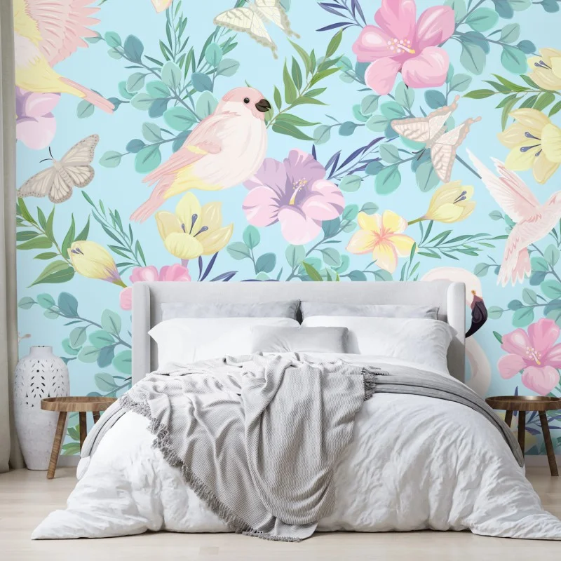 Wall mural pastel tropical birds and floral pattern