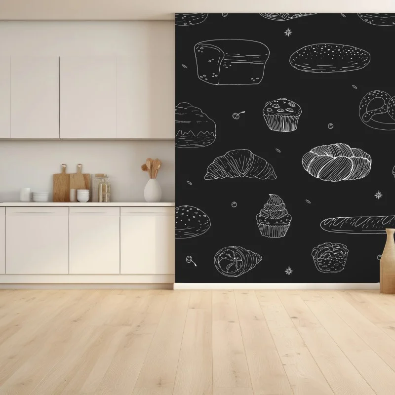 Wall mural hand-drawn bakery pattern on dark background