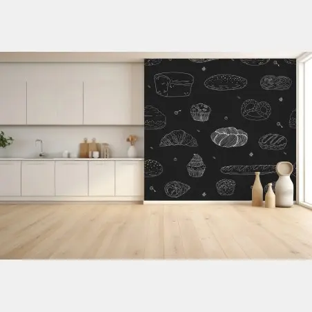Wall mural hand-drawn bakery pattern on dark background • Wallissimo®