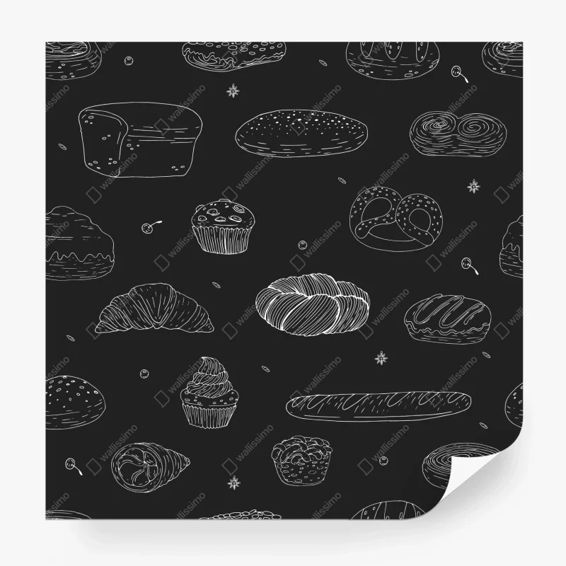 Wall mural hand-drawn bakery pattern on dark background