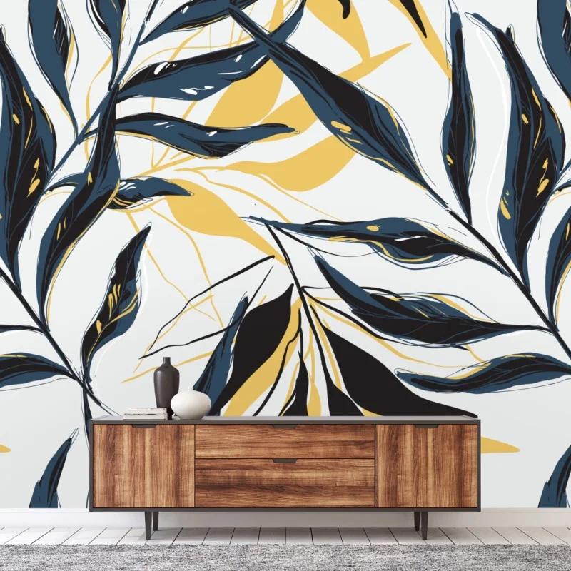 Wall mural navy and gold botanical leaf pattern