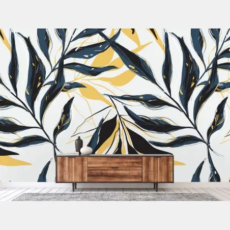 Wall mural navy and gold botanical leaf pattern • Wallissimo®