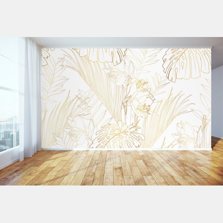 Wall mural golden tropical leaves pattern • Wallissimo®
