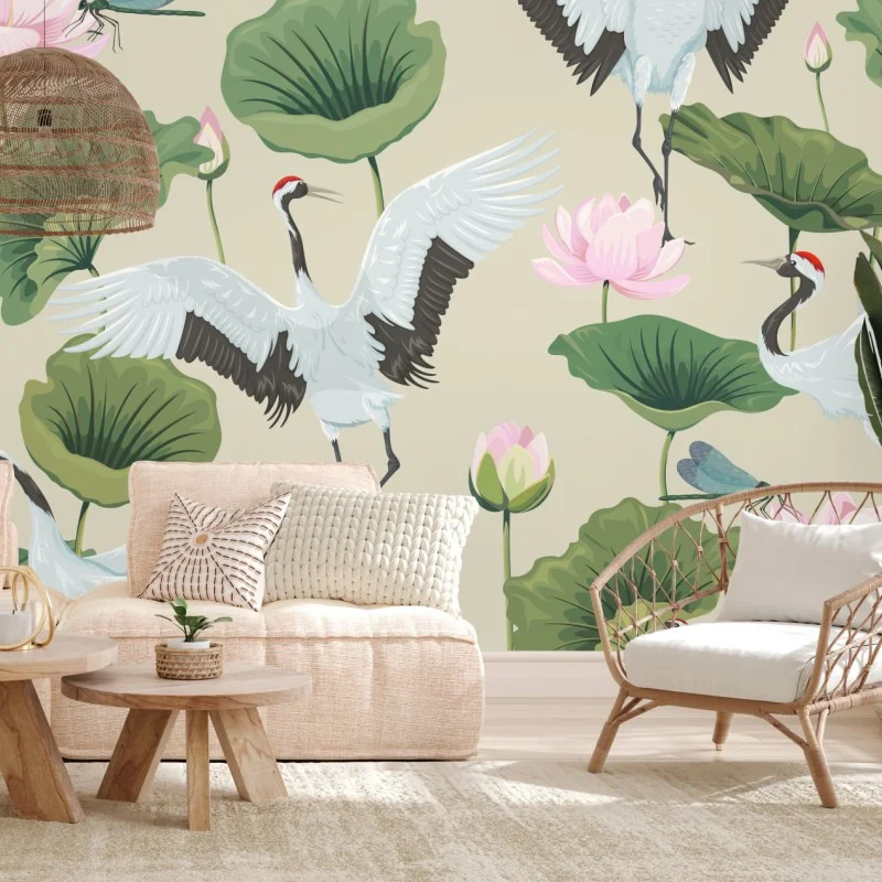 Wall mural elegant crane and lotus botanical pattern