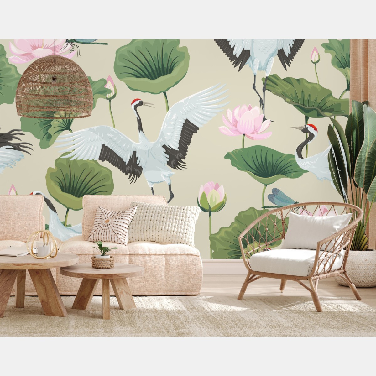 Wall mural elegant crane and lotus botanical pattern • Wallissimo®