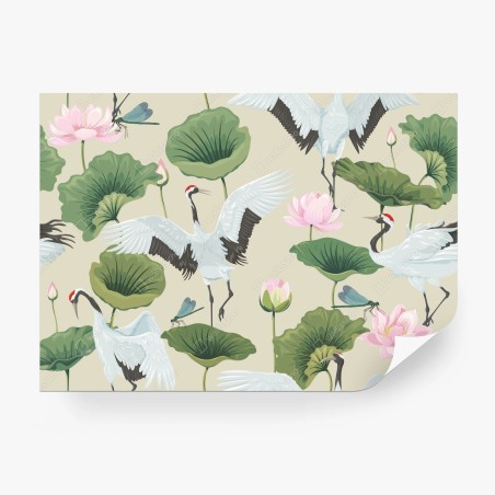 Wall mural elegant crane and lotus botanical pattern • Wallissimo®