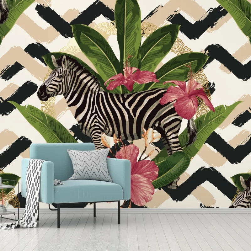 Wall mural vintage tropical zebra pattern with hibiscus