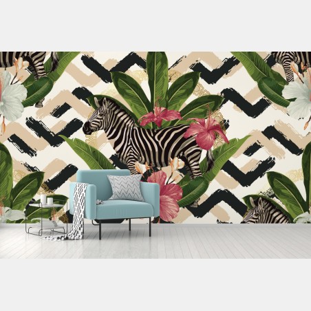 Wall mural vintage tropical zebra pattern with hibiscus • Wallissimo®