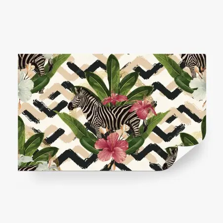 Wall mural vintage tropical zebra pattern with hibiscus • Wallissimo®