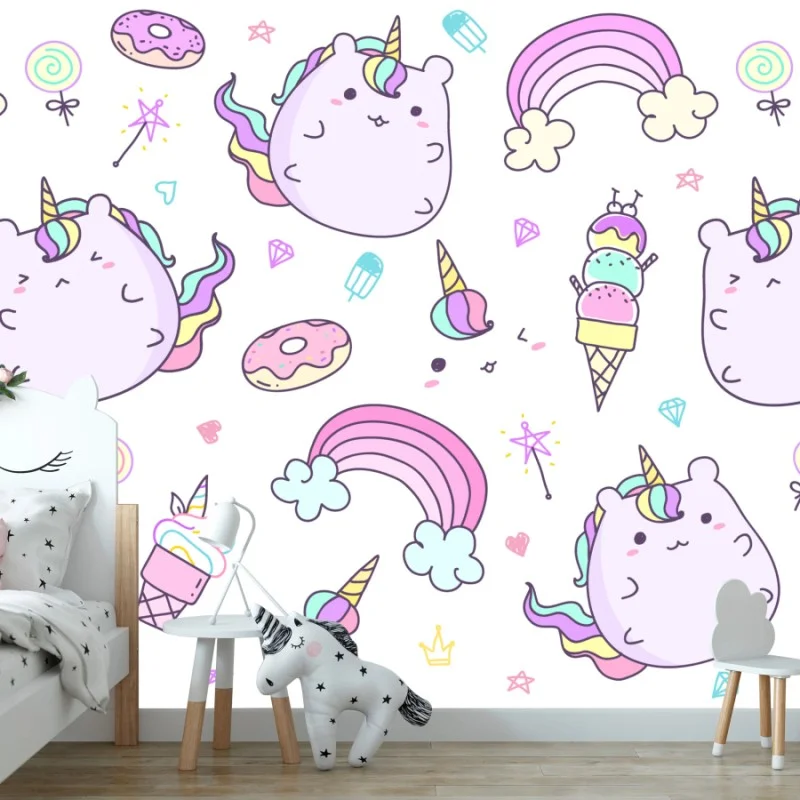 Wall mural playful pastel unicorn cat pattern