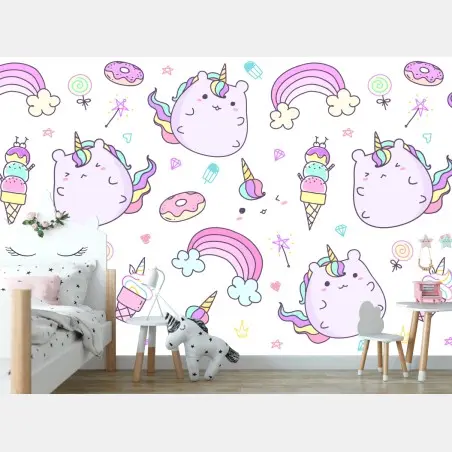 Wall mural playful pastel unicorn cat pattern • Wallissimo®
