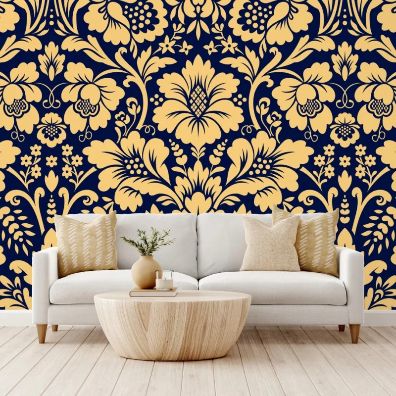 Wall mural navy and beige damask floral pattern