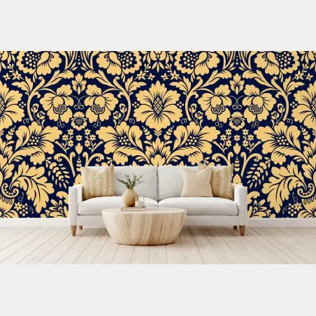 Wall mural navy and beige damask floral pattern • Wallissimo®