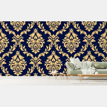 Wall mural elegant gold damask pattern on navy background • Wallissimo®